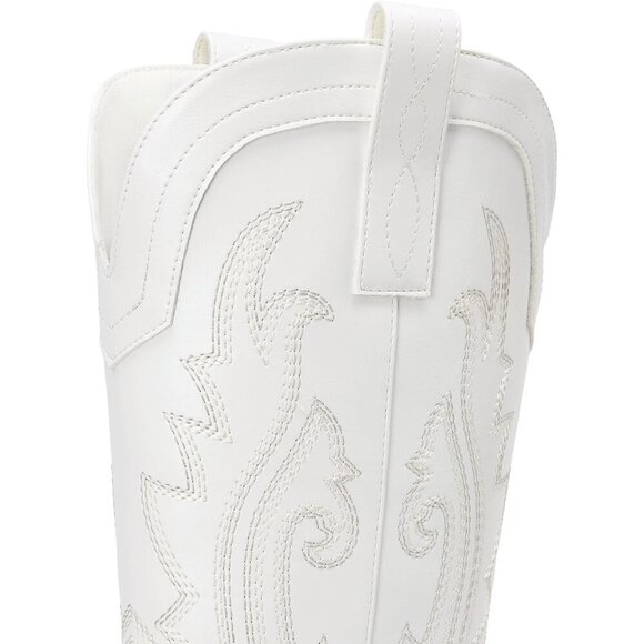 Brand New  Women's White  Leather Chunky Heel Embroidery Stitched Western Boots - Picture 4 of 7
